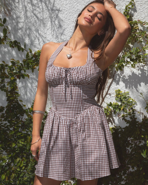 トップス fig London LINEN gingham mini dress brown_gingham_mini_milk_maid_d