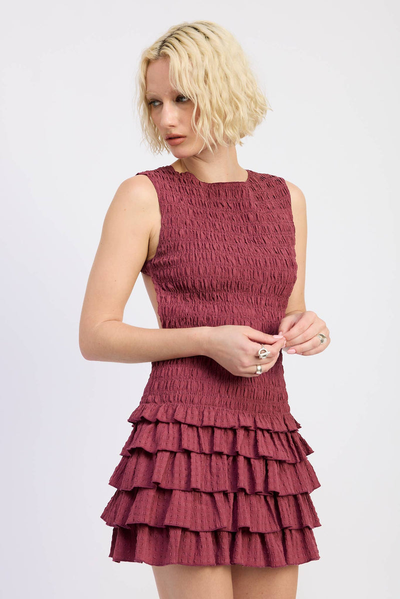 Wine Smocked Mini Dress And Then LB Wine Smocked Mini Dress And Then LB