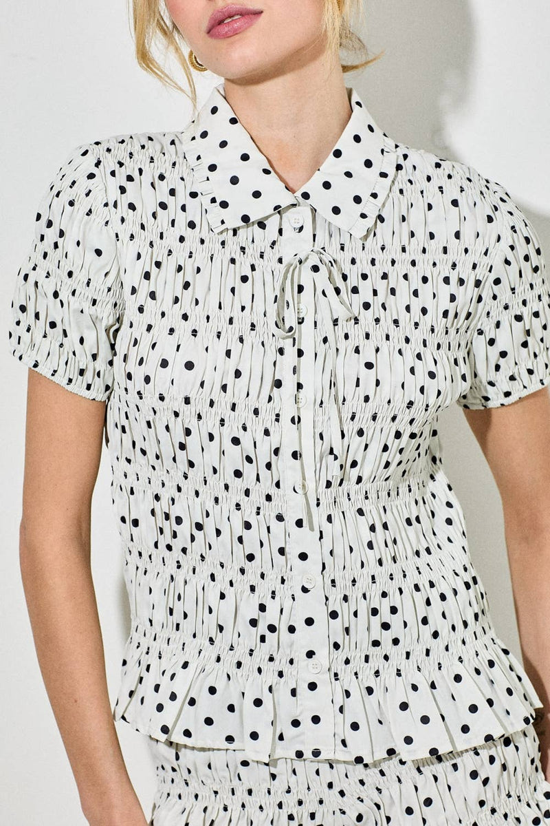 Polka Dot Smocked Collared Top