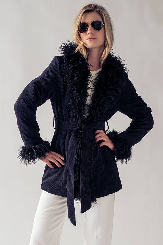 Black Corduroy Fur Trim Jacket