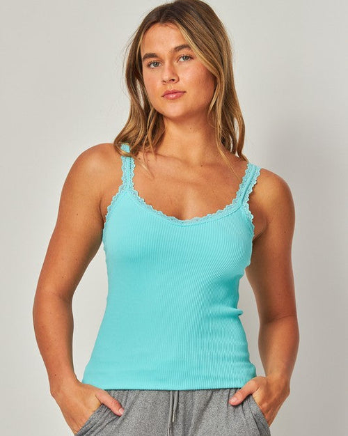 Aqua Blue Ribbed Seamless Lace Trim Tank Top