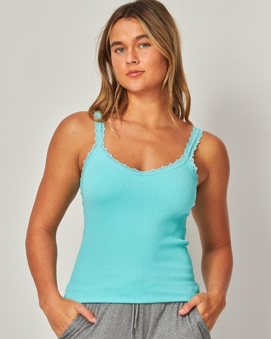 Aqua Blue Ribbed Seamless Lace Trim Tank Top