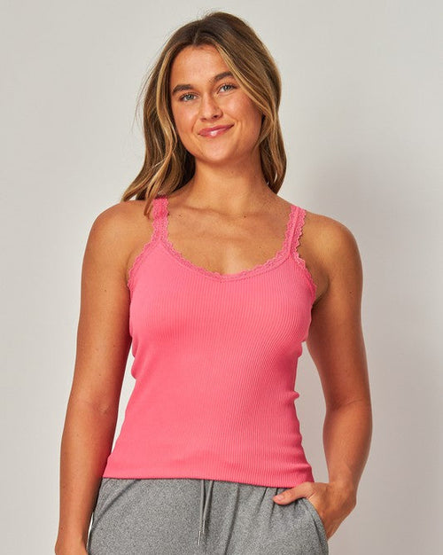 Rosy Pink Ribbed Seamless Lace Trim Tank Top