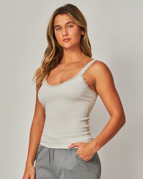 White Ribbed Seamless Lace Trim Tank Top