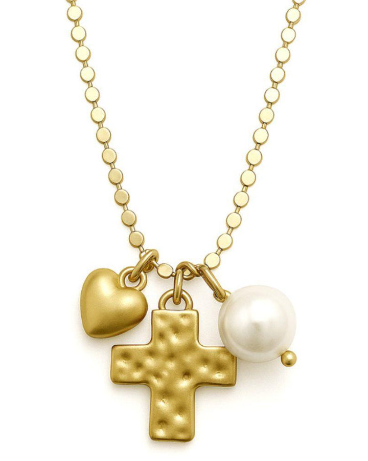 Cross Pearl Heart Charm Necklace