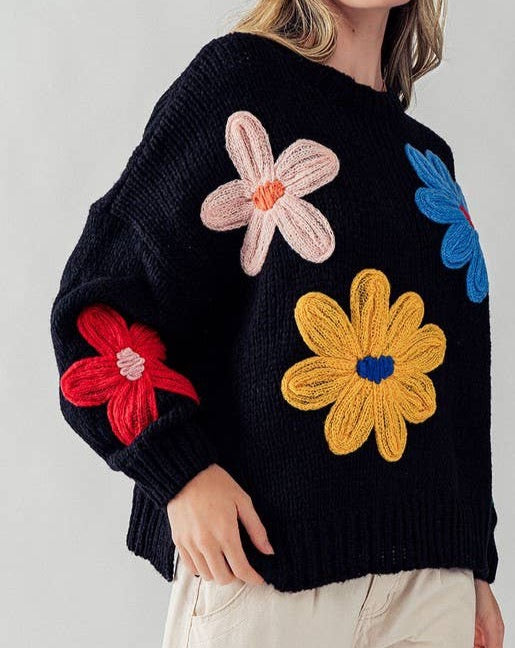 Embroidered Daisy Floral Oversized Sweater