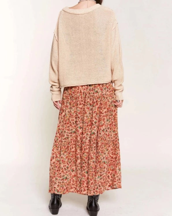 Apricot Floral Tiered Maxi Skirt