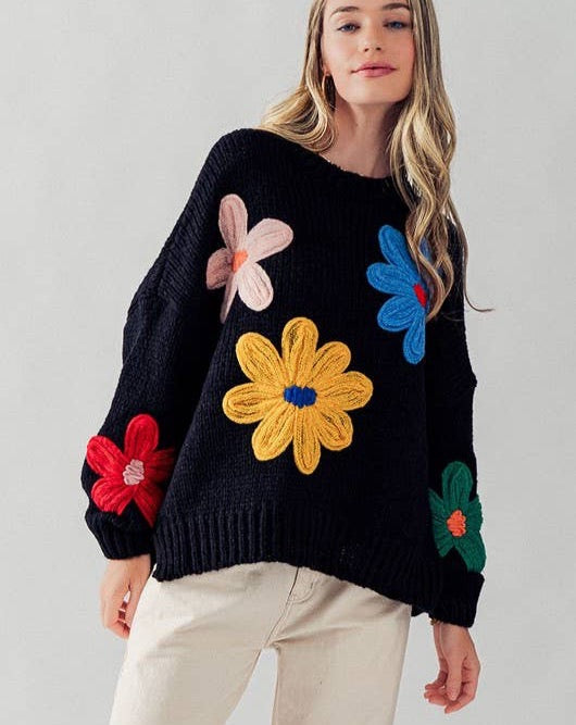 Embroidered Daisy Floral Oversized Sweater