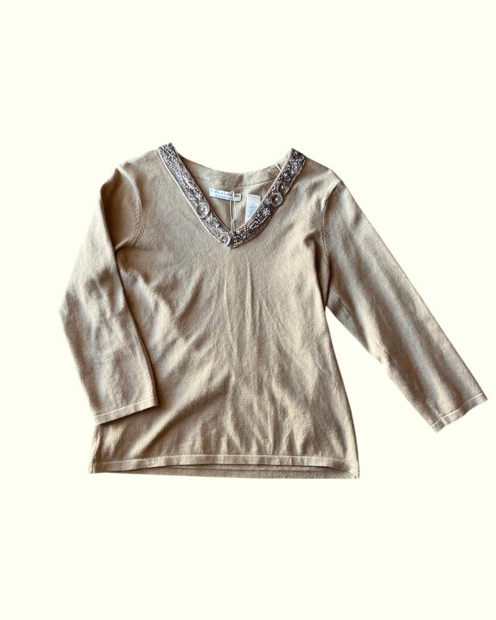 Vintage Tan Long Sleeve Top with Beaded Detail