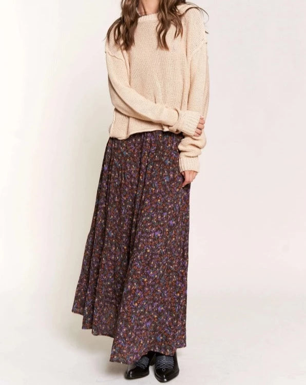 Espresso Floral Tiered Maxi Skirt