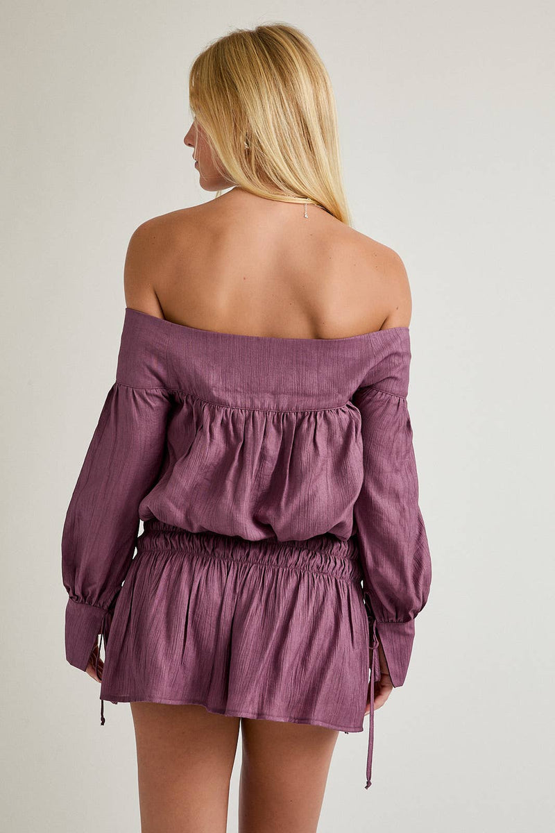 purple off-the-shoulder dress short Elizabeth K GS3633 - Short A-line Dress