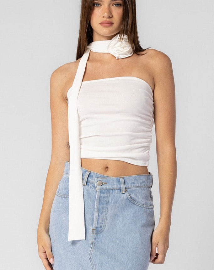 Angelica White Strapless Top with Rosette Scarf