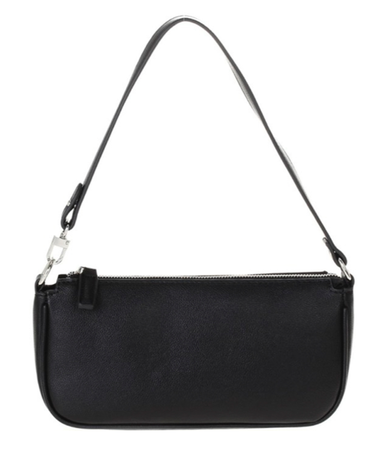 Black handbag with a shoulder strap on a white background