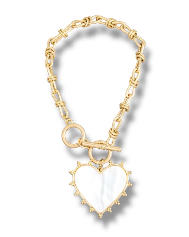 Mother Of Pearl Heart Charm Toggle Chain Bracelet