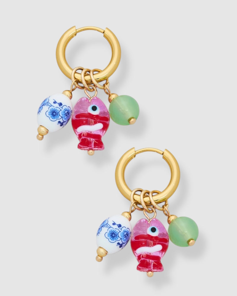 Fish And Porcelain Bead Small Hoop Earrings