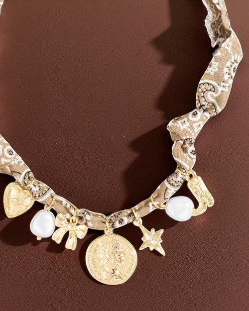 Bow Pearl And Coin Charms Bandana Necklace