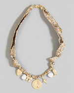 Bow Pearl And Coin Charms Bandana Necklace