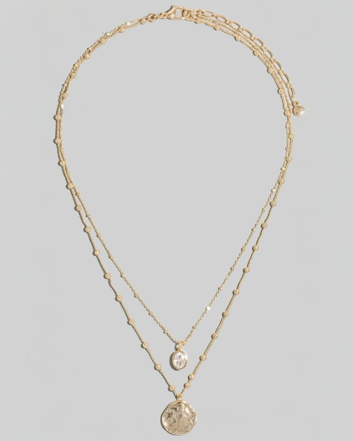 Coin And Oval Cz Charm Layered Chain Necklace