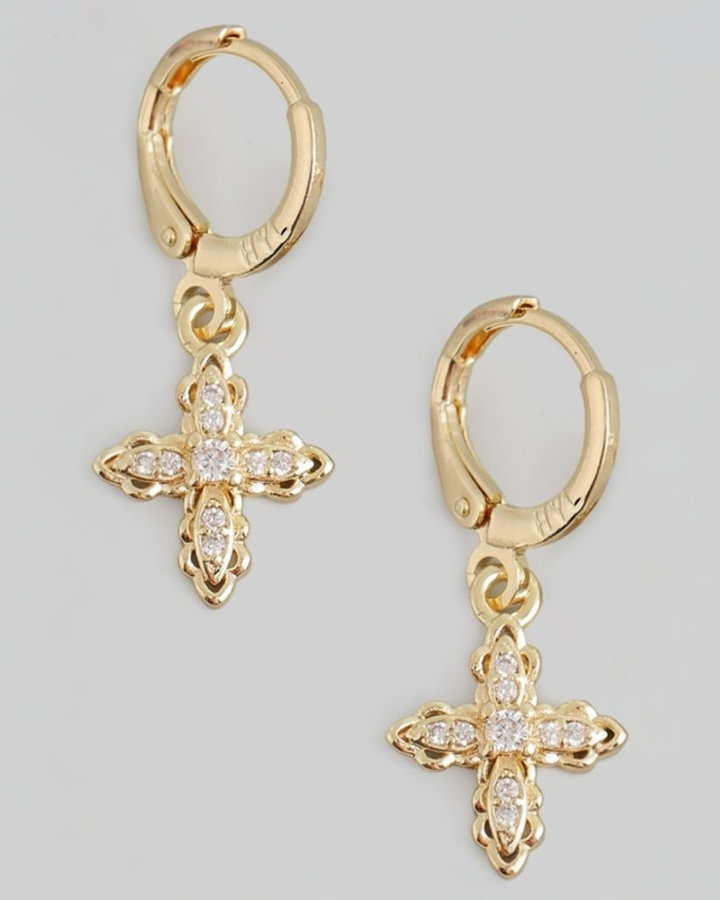 Brass Small Cross With Cz Pave Huggies