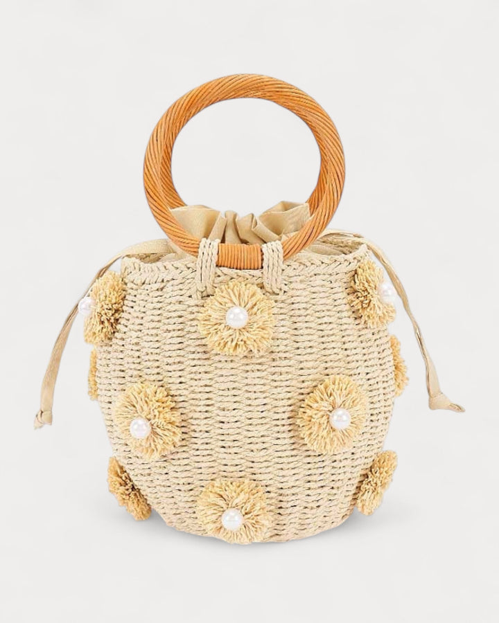 Pearl Flower Straw Bucket Bag