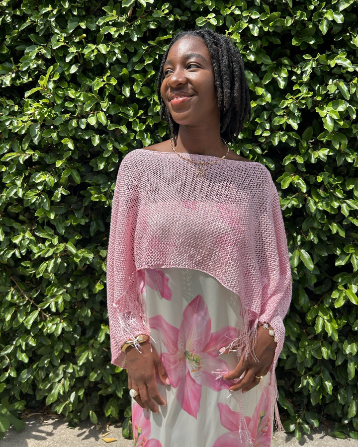 Solena Pink Fringe Crochet Poncho Medium
