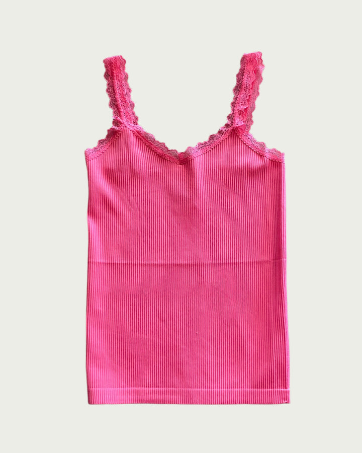 Rosy Pink Ribbed Seamless Lace Trim Tank Top