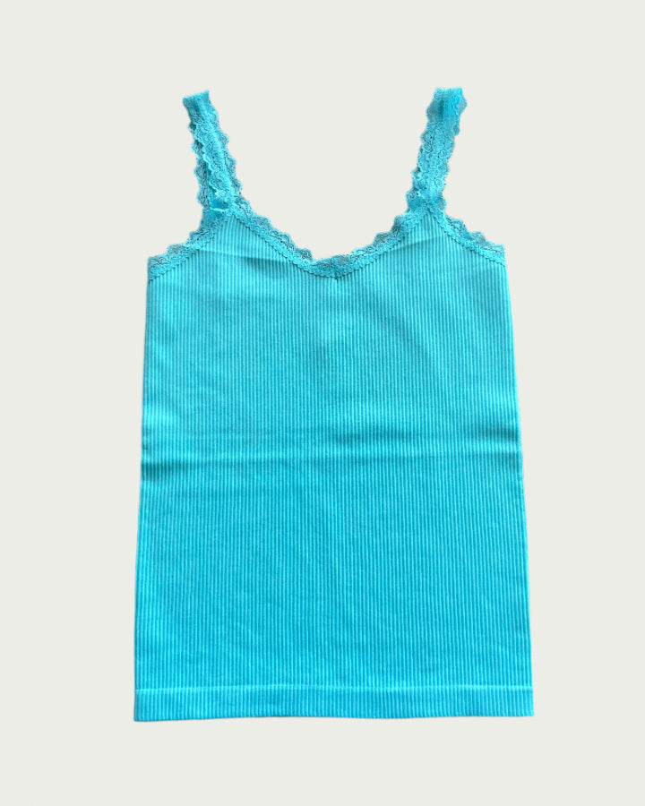 Aqua Blue Ribbed Seamless Lace Trim Tank Top
