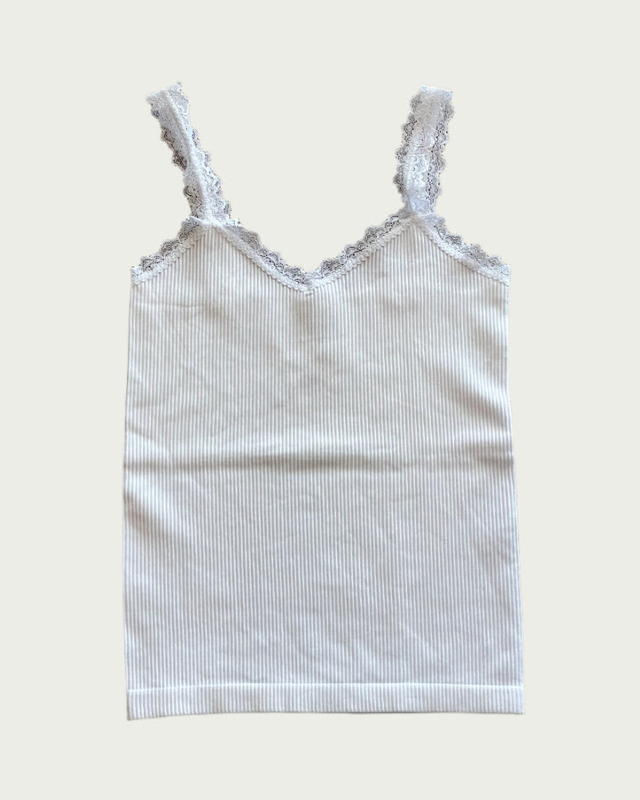 White Ribbed Seamless Lace Trim Tank Top