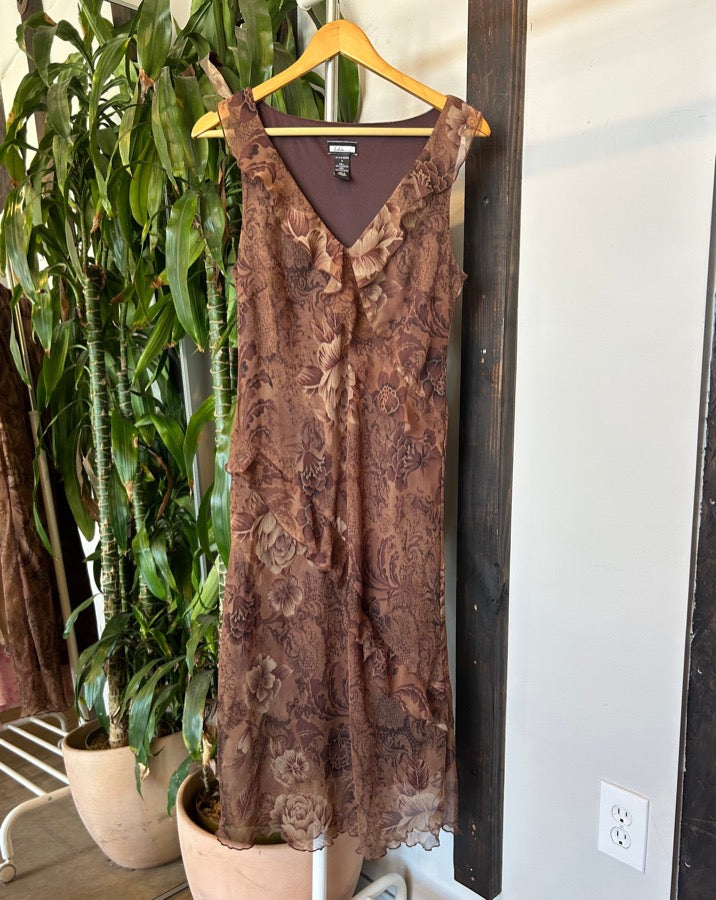 Vintage Brown Floral Ruffle Dress