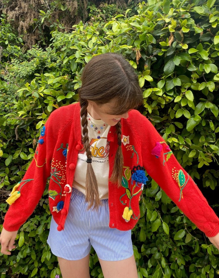 Vintage Red Flower Power Cardigan