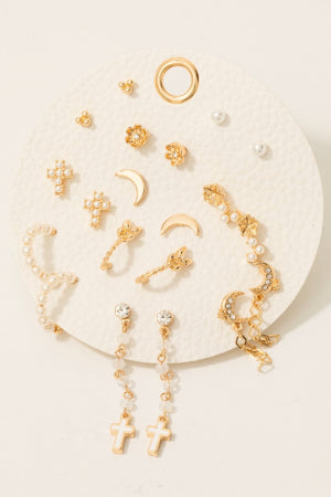 Ten Pair Cross Moon Flower Earrings Set