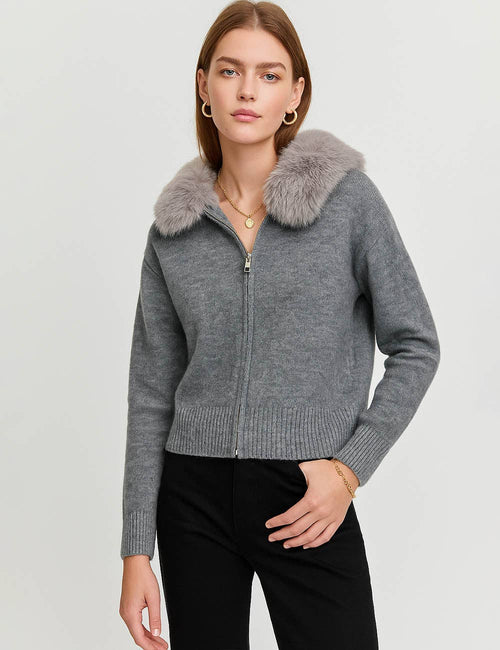 Faux Fur Zip Up Knit Cardigan