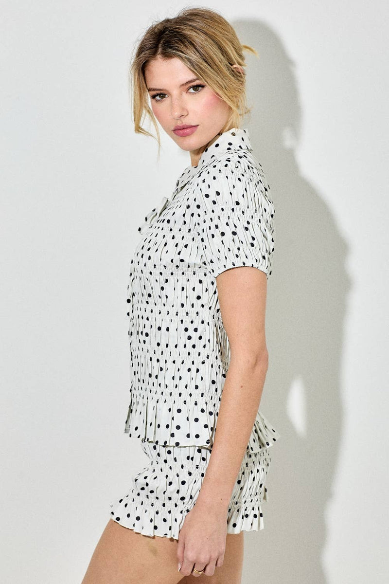 Polka Dot Smocked Collared Top