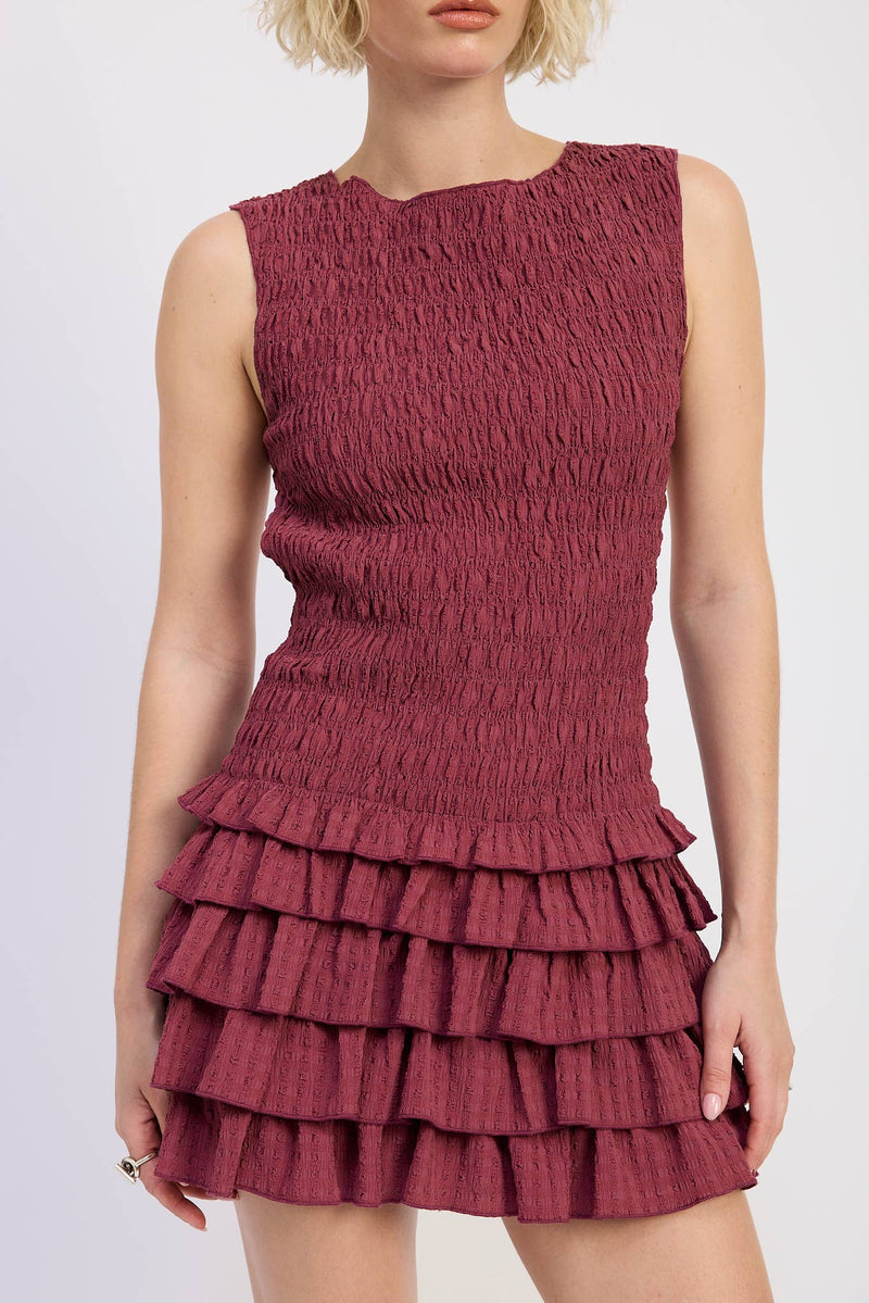 Wine Smocked Mini Dress