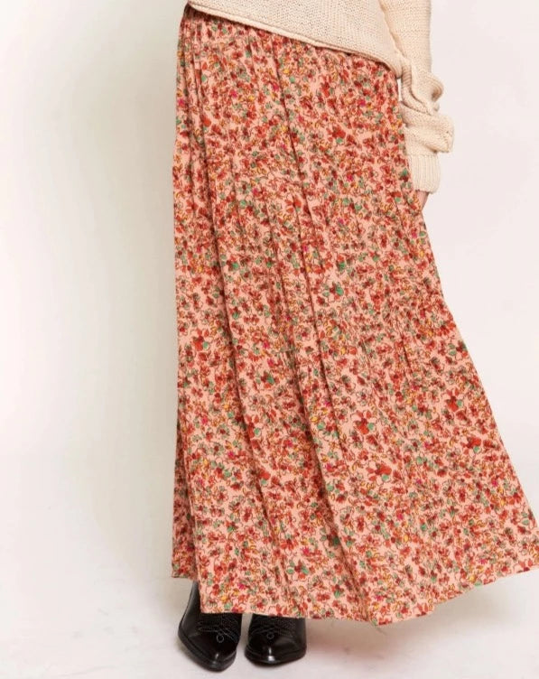 Apricot Floral Tiered Maxi Skirt