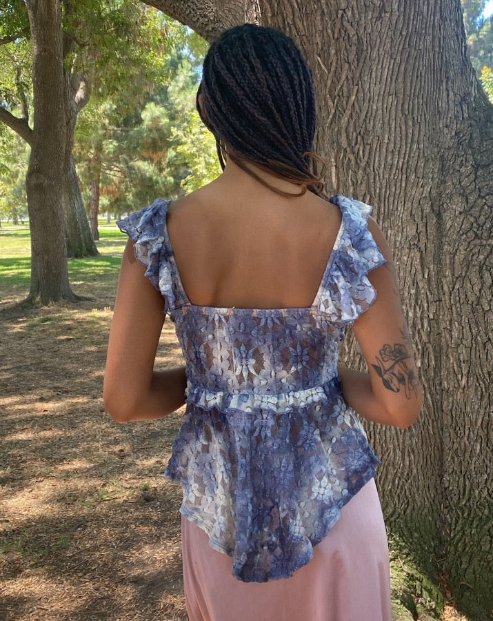 Vintage Blue Lace Ruffle Peplum Tank