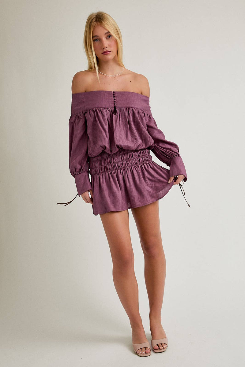 plum off the shoulder dress Azazie Marley