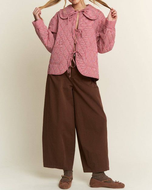 Gingham Collared Tie Front Quilted Jacket