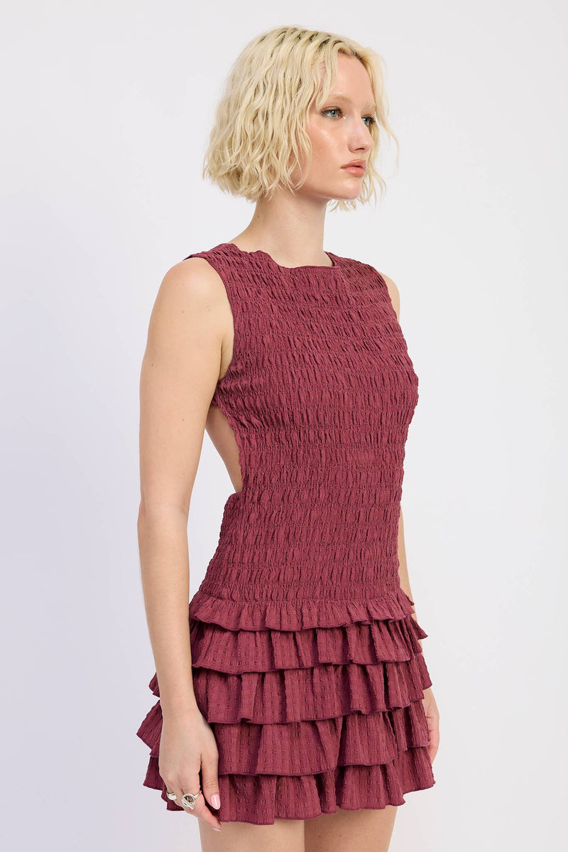 Wine Smocked Mini Dress