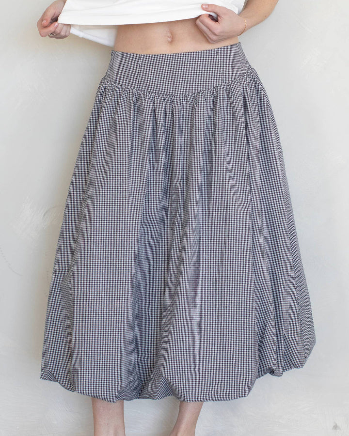 Navy Gingham Balloon Midi Skirt