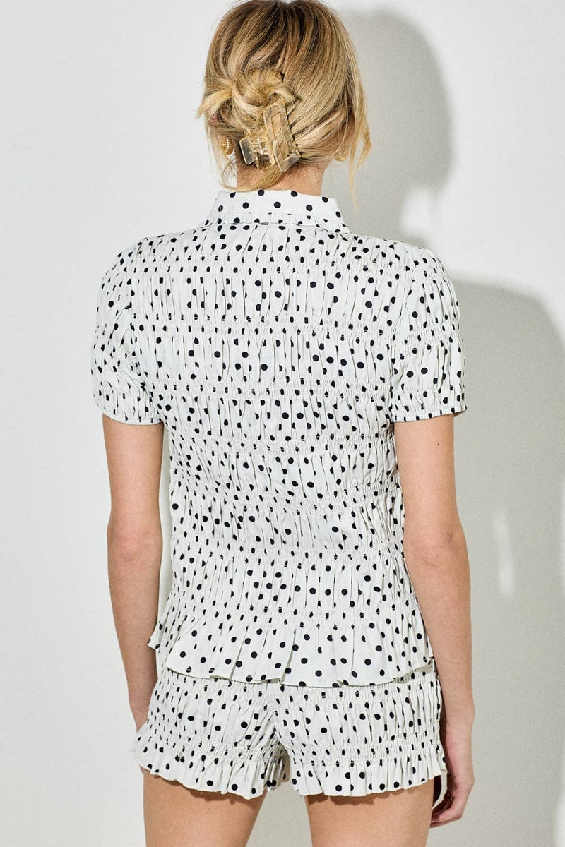 Polka Dot Smocked Collared Top