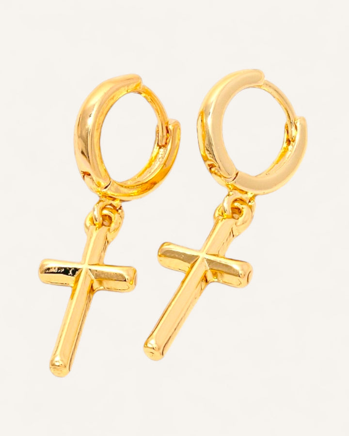 Gold Dipped Cross Charm Hoop Earrings