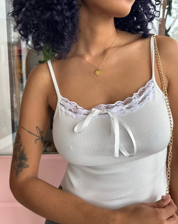 Off White Lace Trim Satin Bow Cami