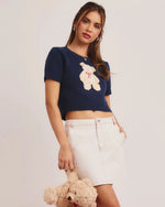 Navy Short Sleeve Teddy Bear Top