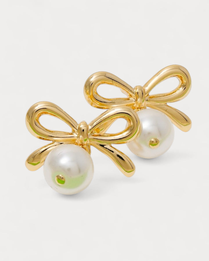 Gold Dipped Pearl And Bow Stud Drop Earrings