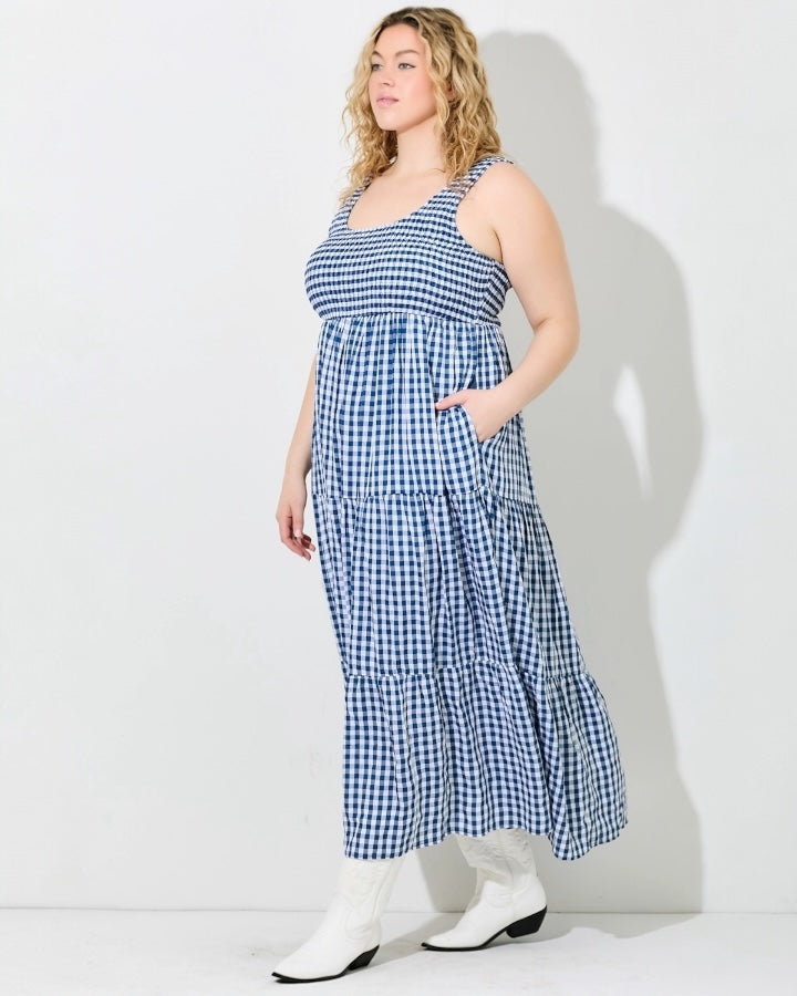 Smocked Blue Gingham Plus Maxi Dress And Then LB Smocked Blue Gingham Plus Maxi Dress And Then LB