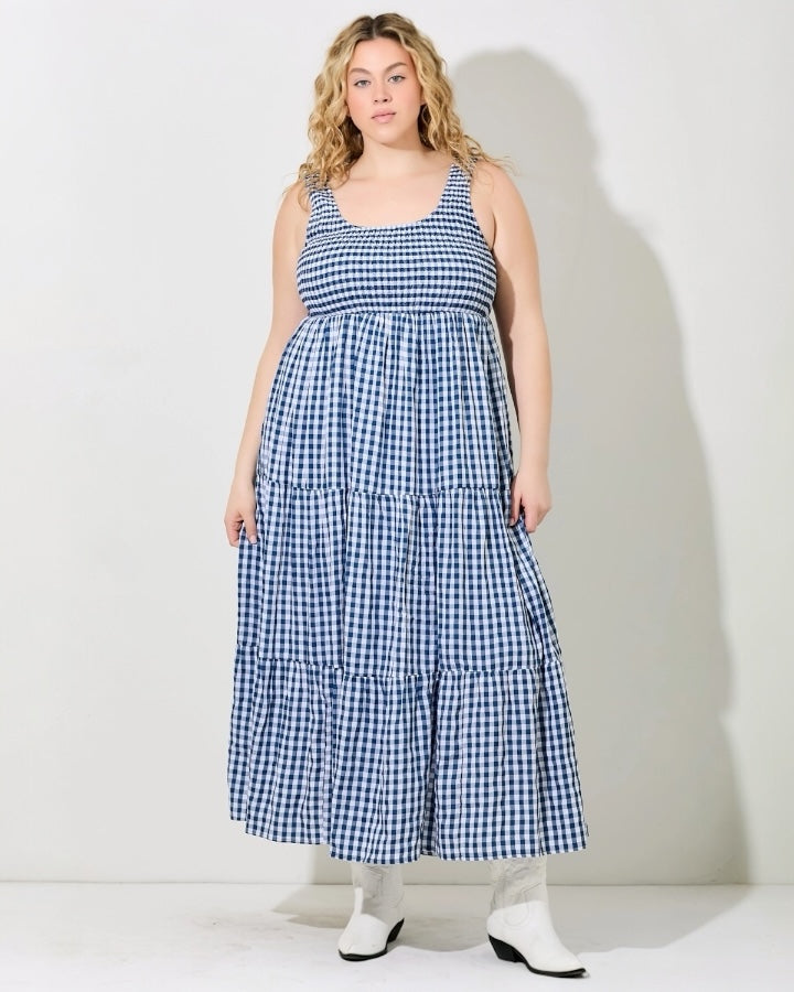Smocked Blue Gingham Plus Maxi Dress And Then LB Smocked Blue Gingham Plus Maxi Dress And Then LB