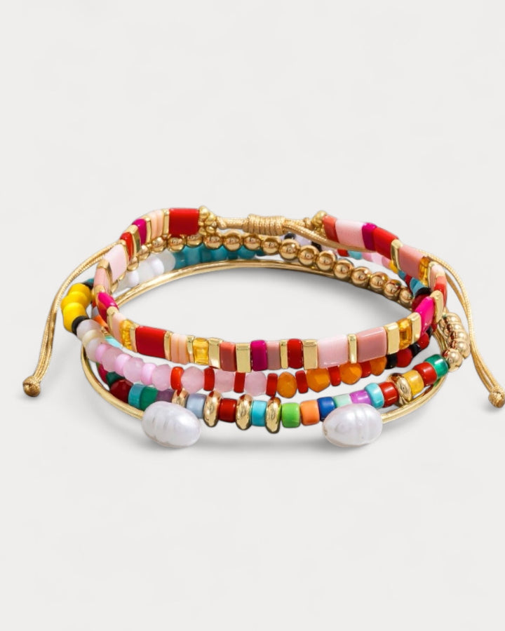 Pearl Cuff And Mixed Beaded Elastic Bracelet Set