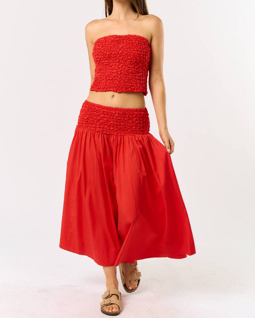 Red Smocked Waist Maxi Skirt