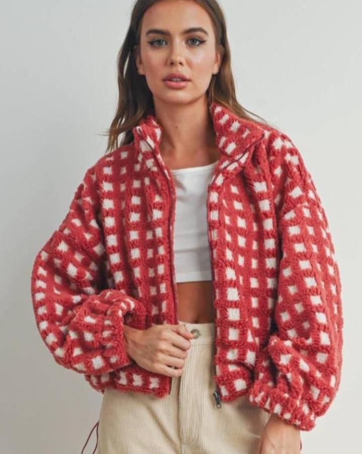 Red check fleece jacket outlet